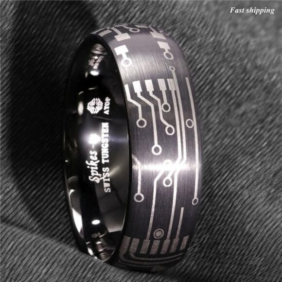 Men's Wedding Band - Dome Brushed Black Laser Circuit Board Ring for Men - Picture 3 of 5